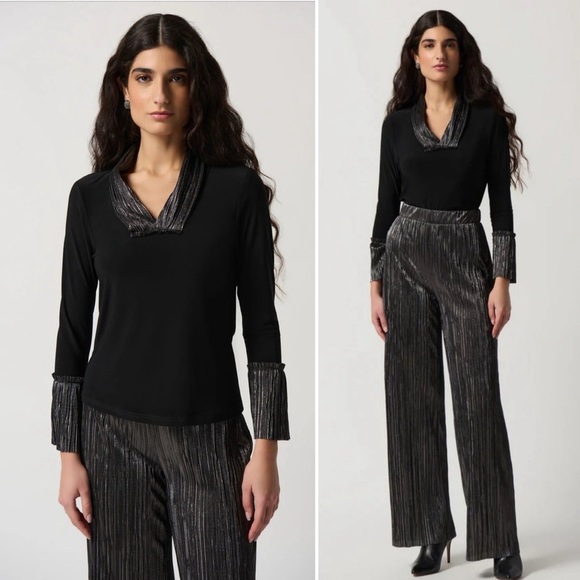 JOSEPH RIBKOFF Metallic Black & Silver Statement Sleeves Top Size 8 - Picture 1 of 13